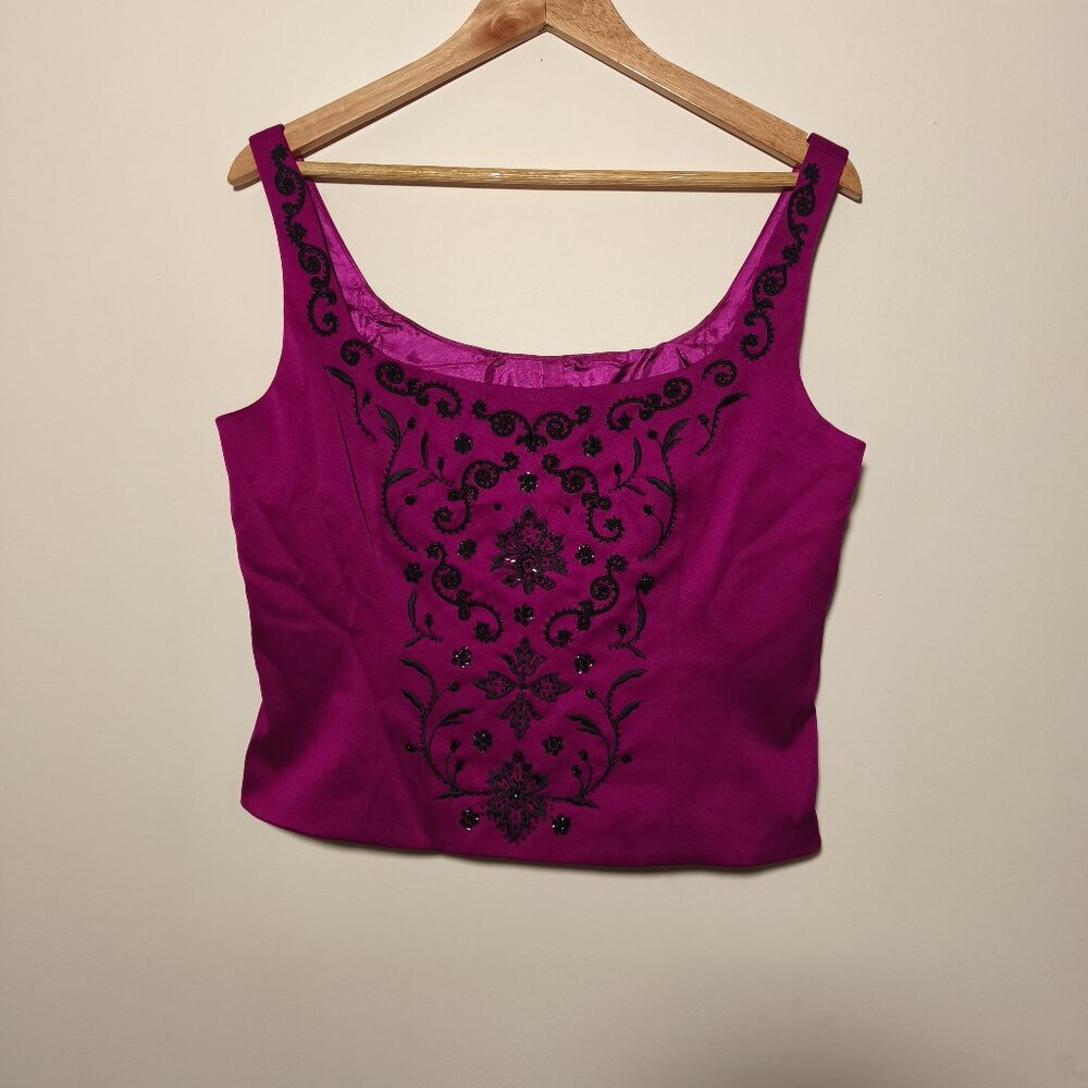 y2k Sandra Darren Satin Beaded Corset Bustier Top sz 12 Black Purple Whimsygoth